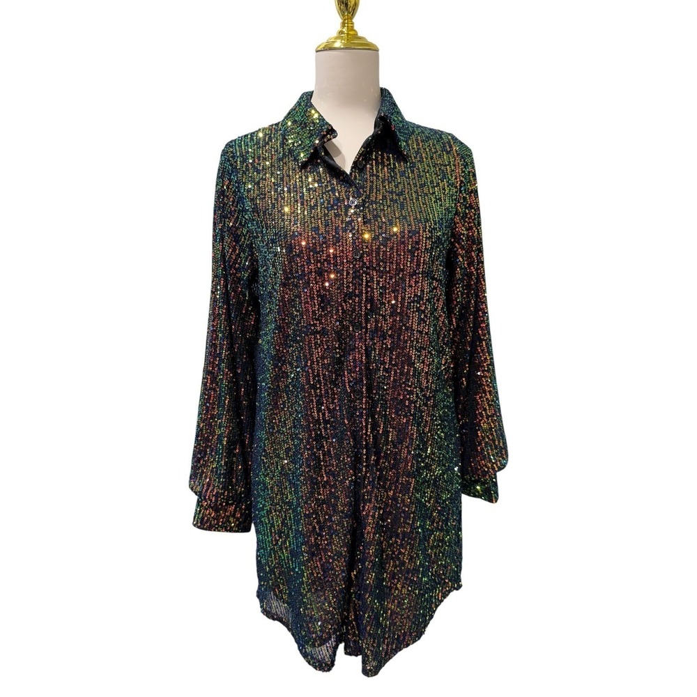Jodifl Womens Iridescent Sequin Button Down Shirt Dress Multi-Color‎ Small New